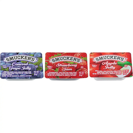 Smucker's 1/2 Oz, Grape Jelly, Strawberry Jam, and Apple Jelly Asst. 200 Count Case
